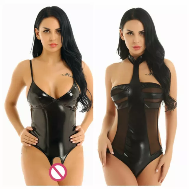 Womens Leather Bodysuit Clubwear Jumpsuit Leotard Crotchless Lingerie Nightwear