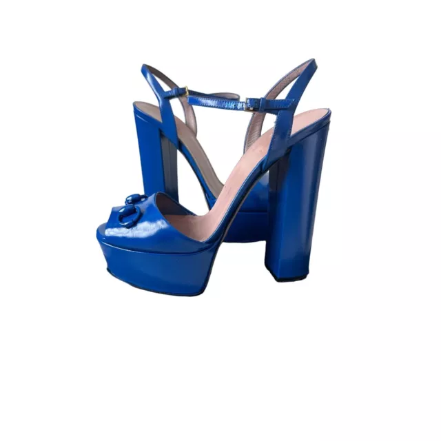 GUCCI Claudie Horsebit Blue Leather Platform Peeptoe Heels Size 38.5/8.5