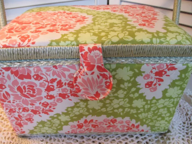 Sewing Basket Box With Padded Floral Fabric  Woven Handle 9"