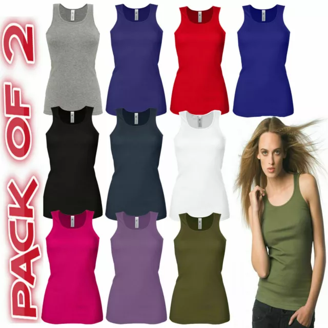 Pack Of 2 Ladies Vest Womens Cotton Stretchy Ribbed T-Shirt Cami Casual Tank Top