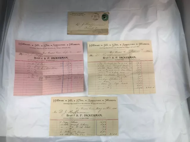 Antique 1894 1895 Receipts Dickerman Winsted CT Lot of 3 Receipts with Envelope