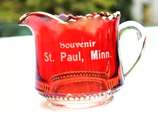 Vintage Ruby Red Flash Cut to Clear Small Creamer Glass St. Paul, Minn. Souvenir