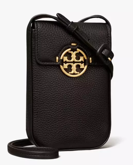 AUTH NWT Tory Burch Miller Pebbled Leather Phone Crossbody Bag In Black