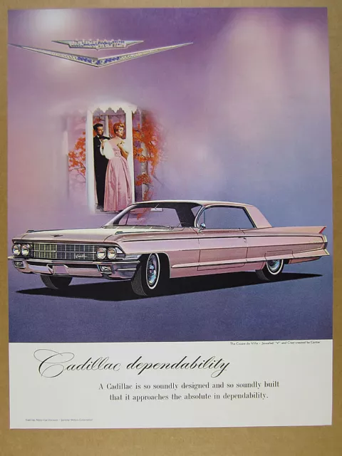 1962 Cadillac Coupe deVille pink car illustration art vintage print Ad