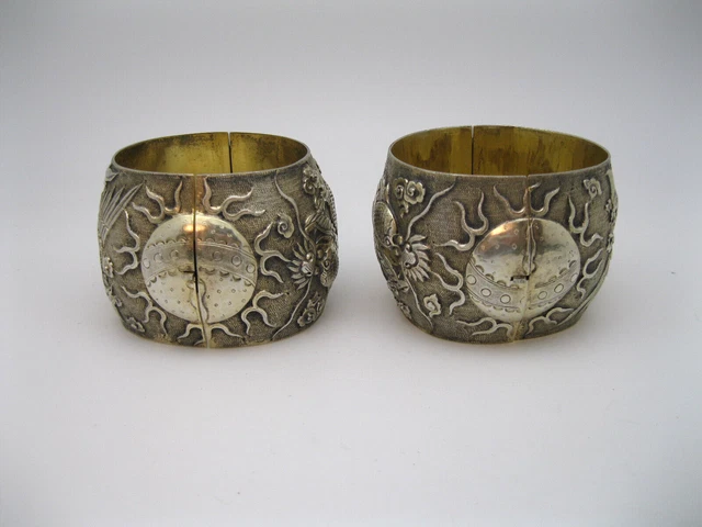 AMAZING Old Pair of Chinese Export Sterling Silver Bracelets w Dragon & Phoenix