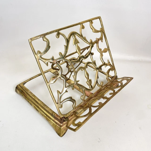 Vintage Brass Book Stand Holder Folding Cookbook Rack Ornate Display