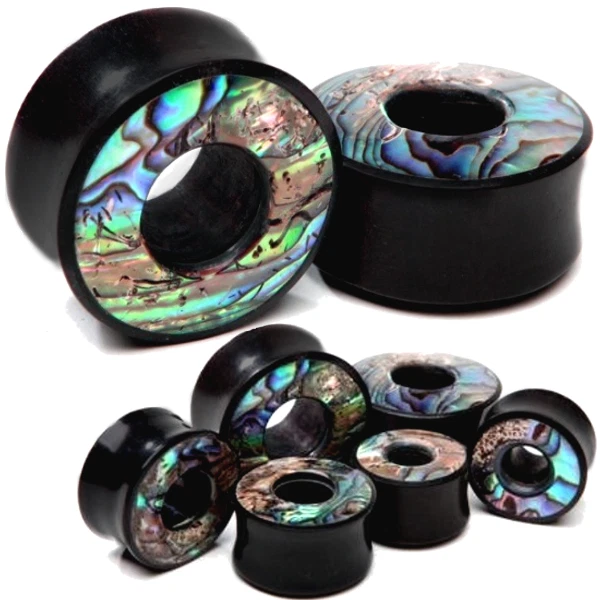 Pair Abalone Black Wood Ear Tunnels - Organic Saddle Gauges Earrings Flesh Plugs
