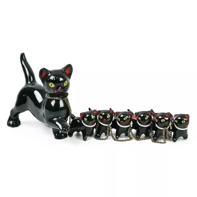 Vintage Japan Redware Mama Black Cat & Kittens on Chain Leash Figurines