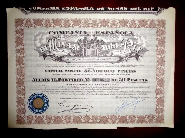 Minas del Rif ,Share certificate 1946  Spain   VG+/F
