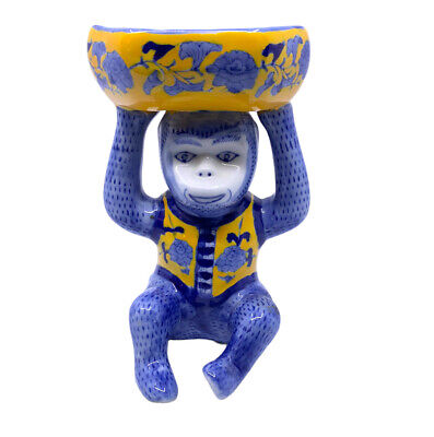 Vintage Chinoiserie Blue And Yellow Ceramic Monkey Holding Soap Dish Candy Bowl