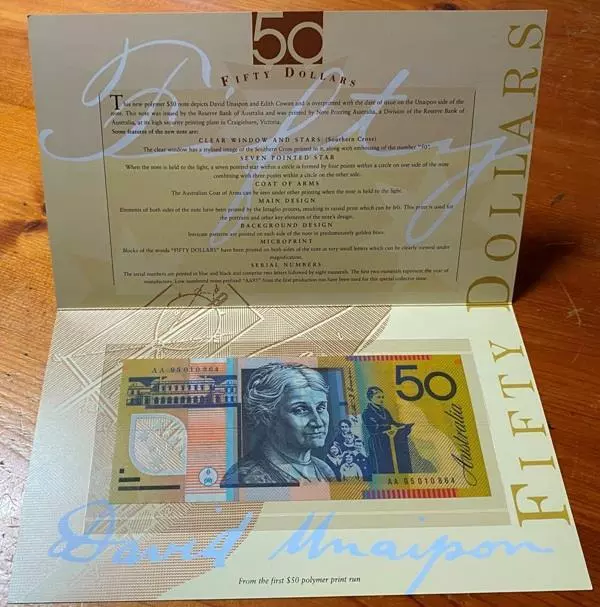 1995 $50 Single Note Stand Souvenir Npa Folder..1St Prefix Aa95 010864..Scarce.