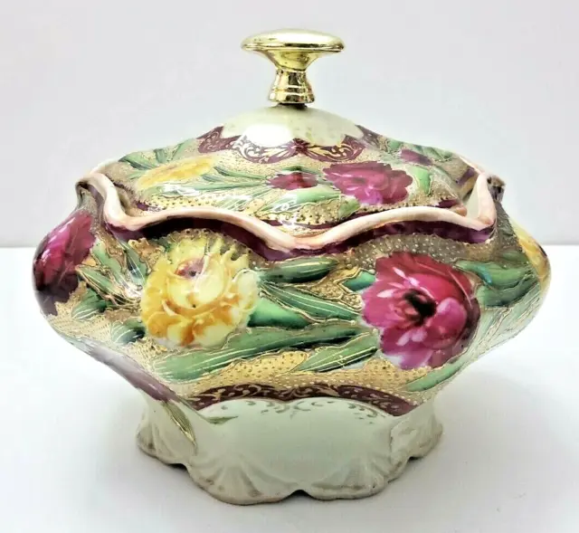 Antique Beautiful Tureen With Lid Red And Yellow Cabbage Roses Heavy Gold Gilt