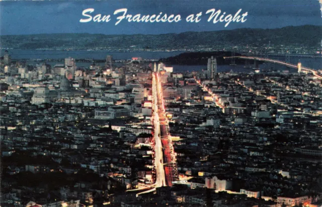 San Francisco CA California, Aerial View City Skyline at Night, Vintage Postcard