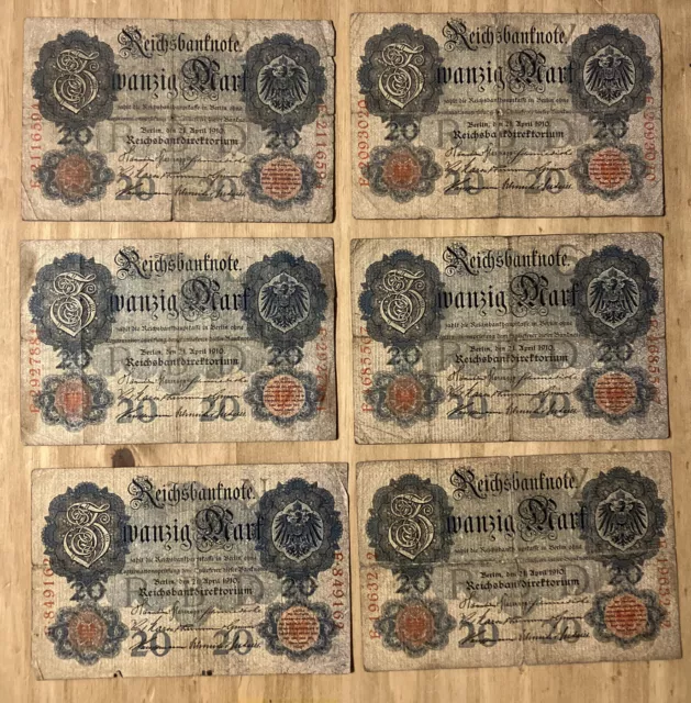 Lot Of 6 X Germany Banknotes. 6 Pcs. 20 Mark. Dated 1910. Reichsbanknotes