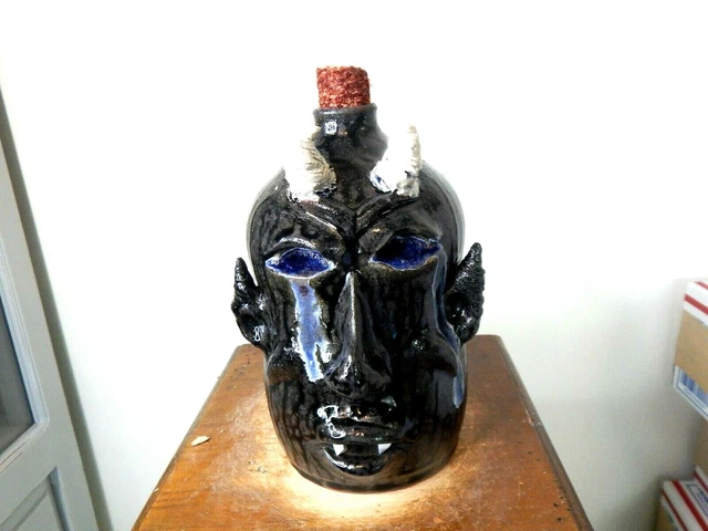 wayne hewell  face jug, pottery, folk art  8''x 6''