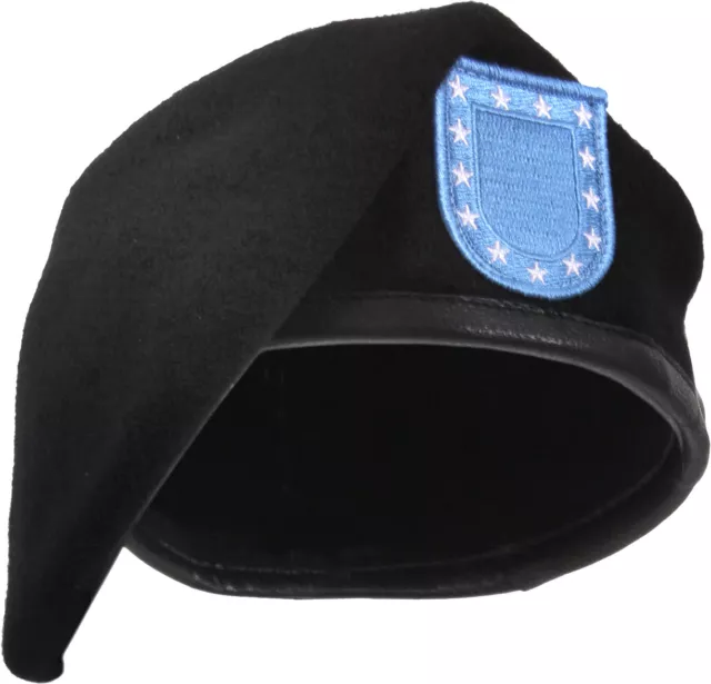 Black Military Inspection Ready Wool Uniform Beret with US Army Type Blue Flash