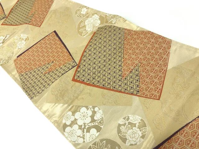 6378348: Japanese Kimono / Antique Fukuro Obi / Woven Flower Roundel & Maple