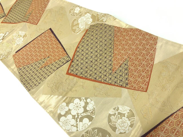 6378348: Japanese Kimono / Antique Fukuro Obi / Woven Flower Roundel & Maple