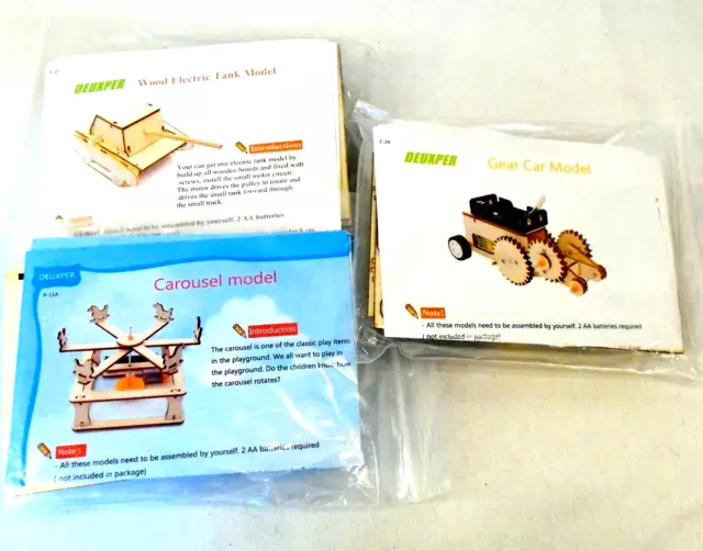 3 Deuxper Models Electric Wood Stem Electronics Learning Kits Car Tank Carousel