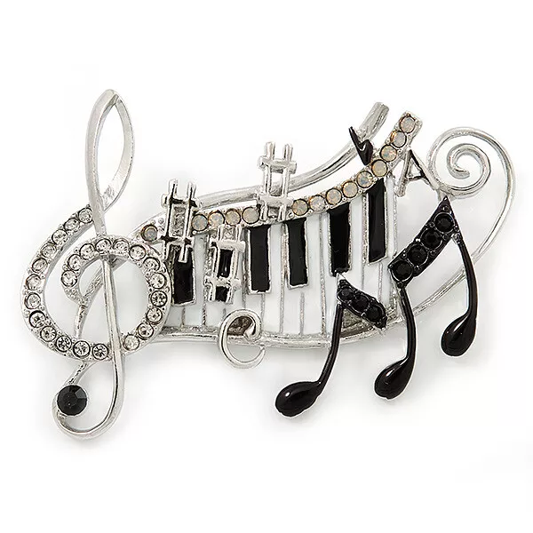 Black, White Enamel, Austrian Crystal Musical Notes Brooch In Silver Tone -