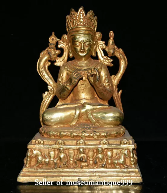 9.6" Old Tibet Bronze Gilt Buddhism Lotus Tara Guanyin Kwan-yin Goddess Statue