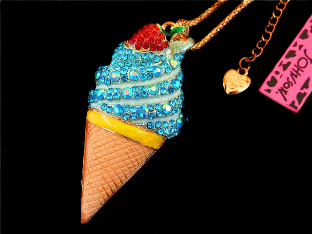 Betsey Johnson Bling Blue Crystal Enamel Strawberry Ice Cream Pendant Necklace