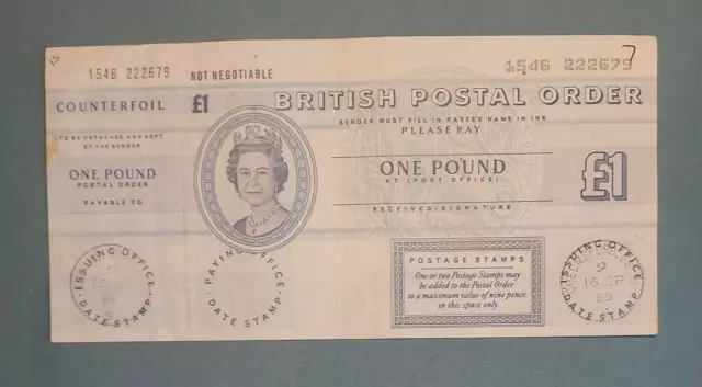 One Pound British Postal Order. 16th September 1989