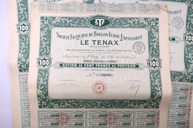 Le Tenax Boulon Ecrou Expansible Action De 100 Francs Paris 1913 X 53 Actions