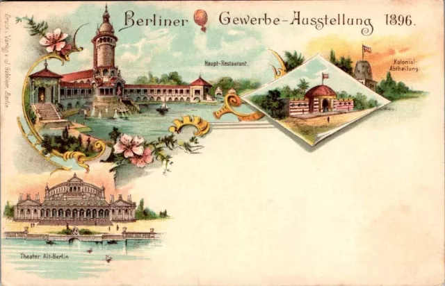 LITHO GRUß AUS BERLIN GEWERBE AUSSTELLUNG HAUPT RESTAURANT 3 BILD COL. 1896