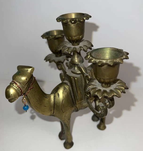 Vintage Etched Brass Camel Candelabra With 3 Arms Early to Mid 20th Century