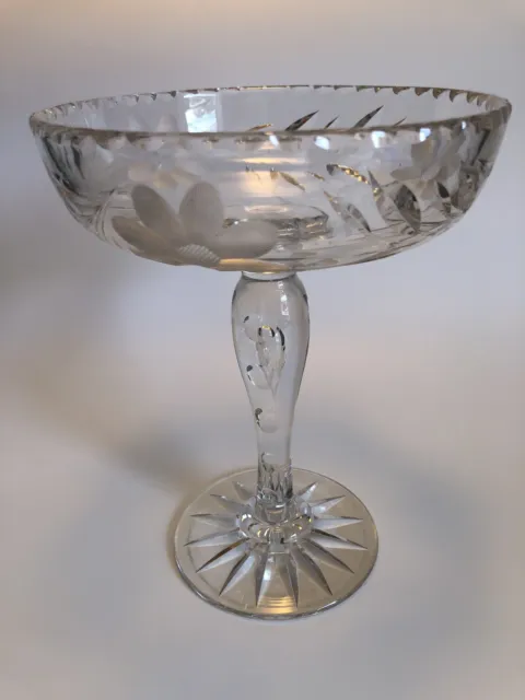 ABP Pairpoint Cut Glass Floral Design Open Compote with Teardrop Bubble Stem 8"