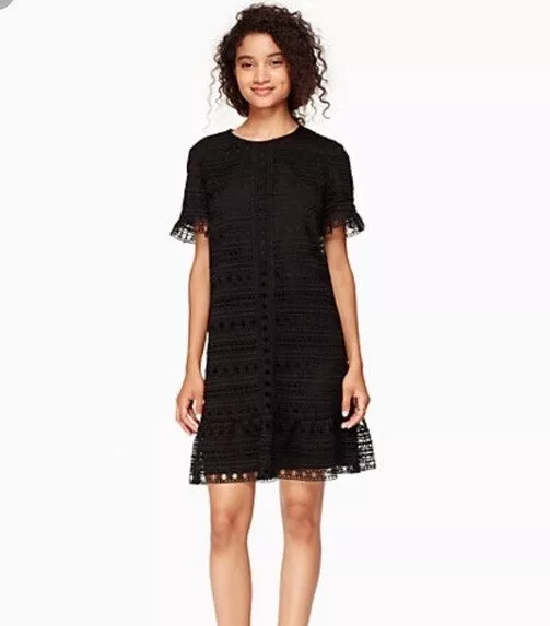 Kate Spade Black Lace Crochet Flounce Hem Drop Waist Shift Dress Size 12 2