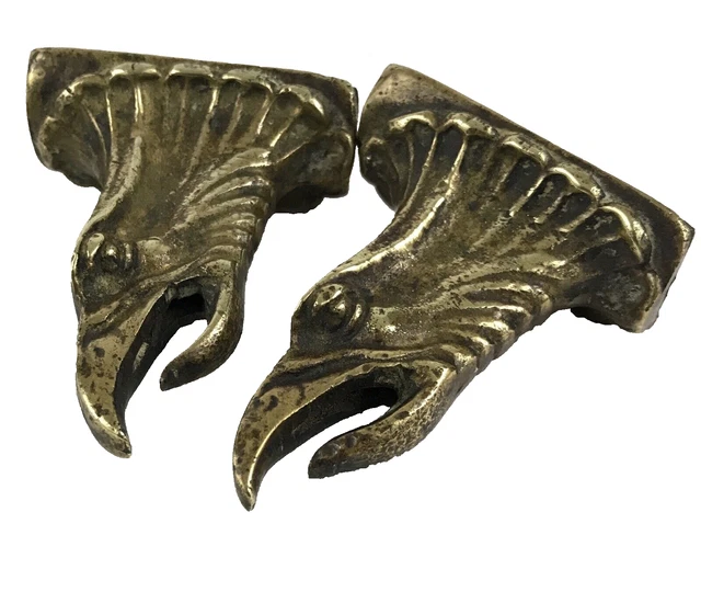 Pair Antique Bronze French Eagle Head Furniture Garniture Mounts Gilded Ornament