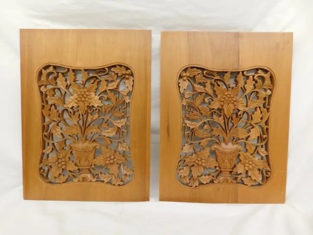 Pair Ornate Carved Vintage Wood Panels Flowers Leaves Mid Century Architectural