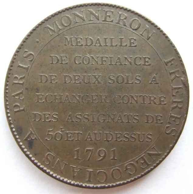 Medaglia Francia Rivoluzione Parigi Monneron 2 Sols 1791 quasi timbrata 2