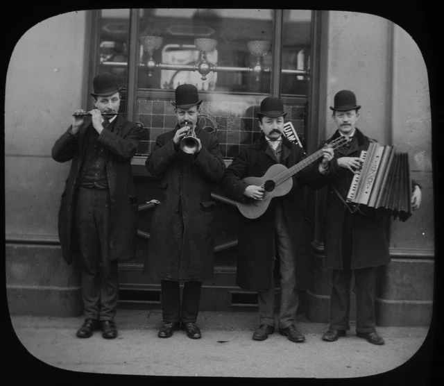 Magic Lantern Slide A QUARTET C1890 PHOTO EDGAR SCAMELL LONDON BUSKERS MUSICIANS