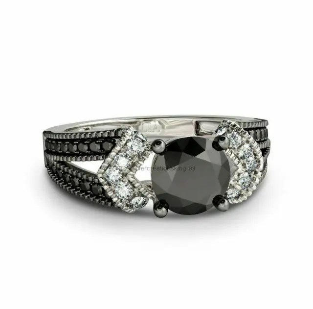 2.20Ct Round Lab Created Black Diamond Wedding Ring 14K White Gold Plated Silver