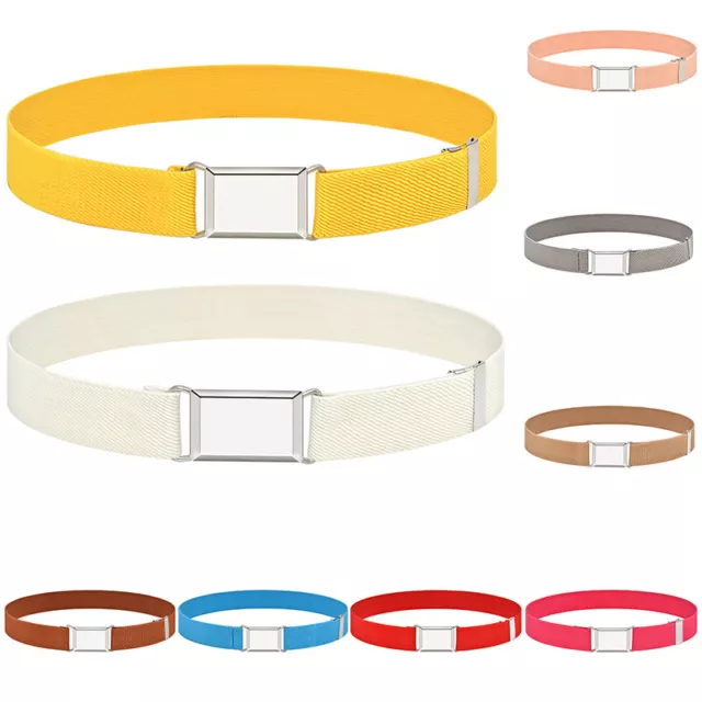 12 Colors Kids Toddler Adjustable Stretch Unisex Belts with Silver Square Buckle