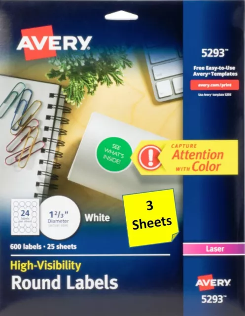 [3 Sheets] Avery 5293 High-Visibility White Round Labels 1-2/3" diam LASER