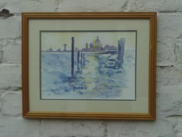 Vintage C.1990s Framed Impressionist style watercolour painting of Venice scene