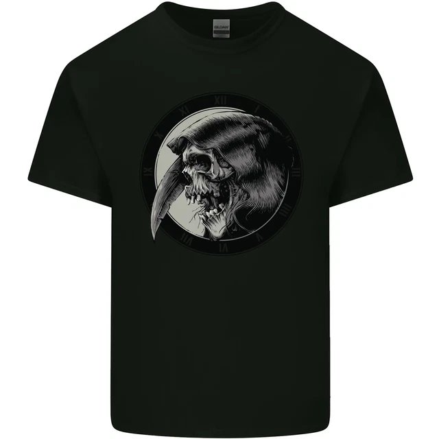 T-shirt top T-shirt cotone orologio teschio biker gotico demone da uomo