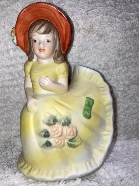 Vintage 5" Bisque Southern Belle Girl Bell Figurine Wearing Bonnet Yellow Dress