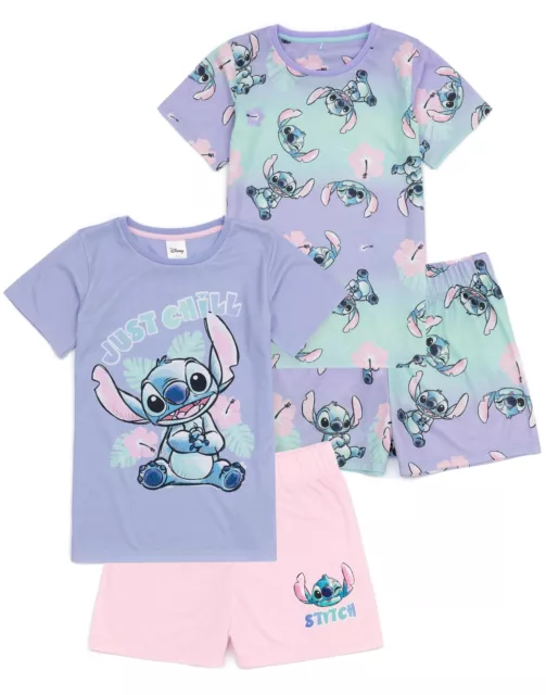 Disney Lilo And Stitch Girls 2 Pack Pyjamas Kids Purple T-Shirt Shorts Pjs Set