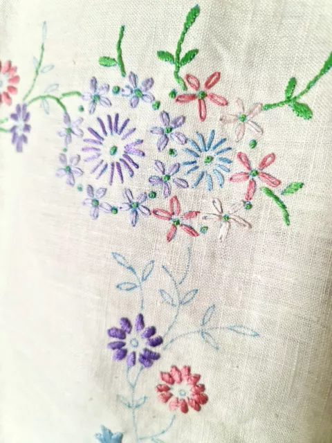 Vintage 1950s Linen Table Cloth Embroidered By Hand Floral Large Square 3