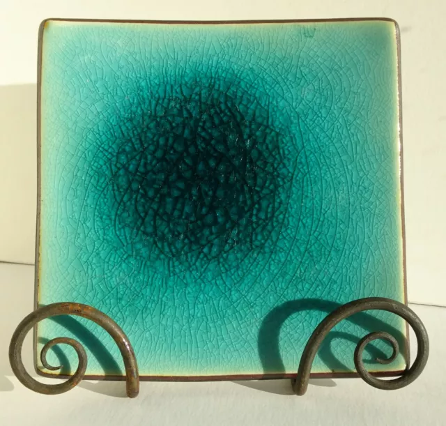 Vtg Wrought Iron Hand Forged Plate Bowl Stand Holder, Handmade Metal Swirl Easel