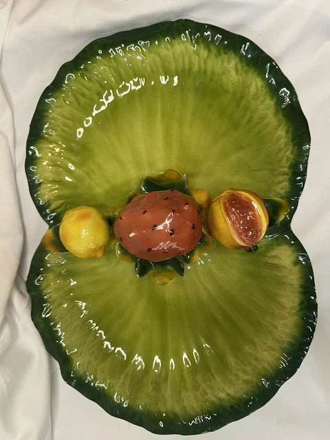 14” Majolica Pottery Ceramic Italian Serving Dish Plate Lettuce Vegetable Divide 2