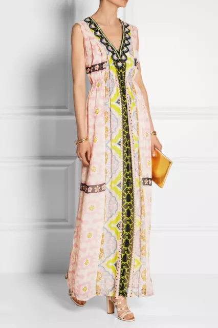 VINEET BAHL India ANTHROPOLOGIE Silk FLORAL Print PEARL BEAD Pleat MAXI Dress L