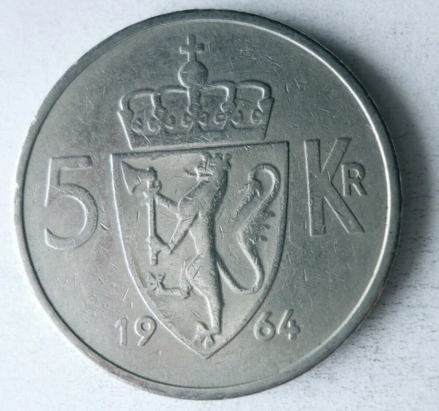 1964 NORWAY 5 KRONER - Excellent Coin - FREE SHIP - BARGAIN BIN #301