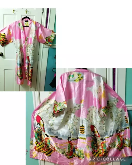 Kimono Silk Robe Geisha Girls Rainbow Art Collection Japan Pink Size XL