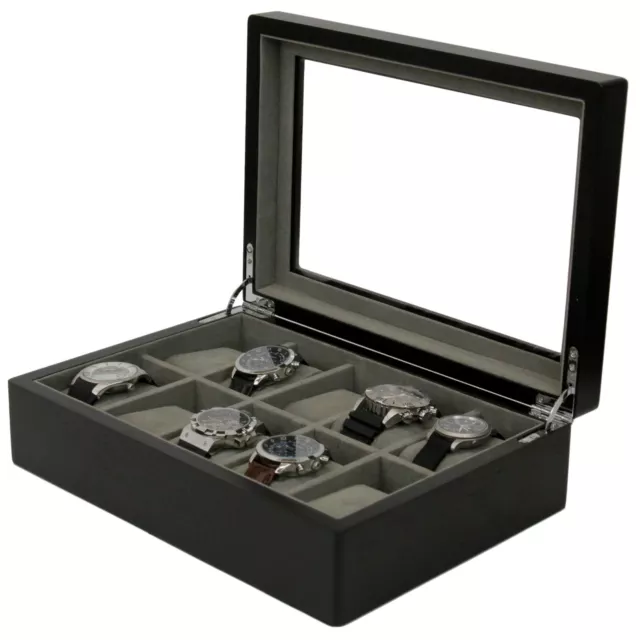 Watch Box 10 Slots Black Wood Case Storage Display Glass Lid Luxury